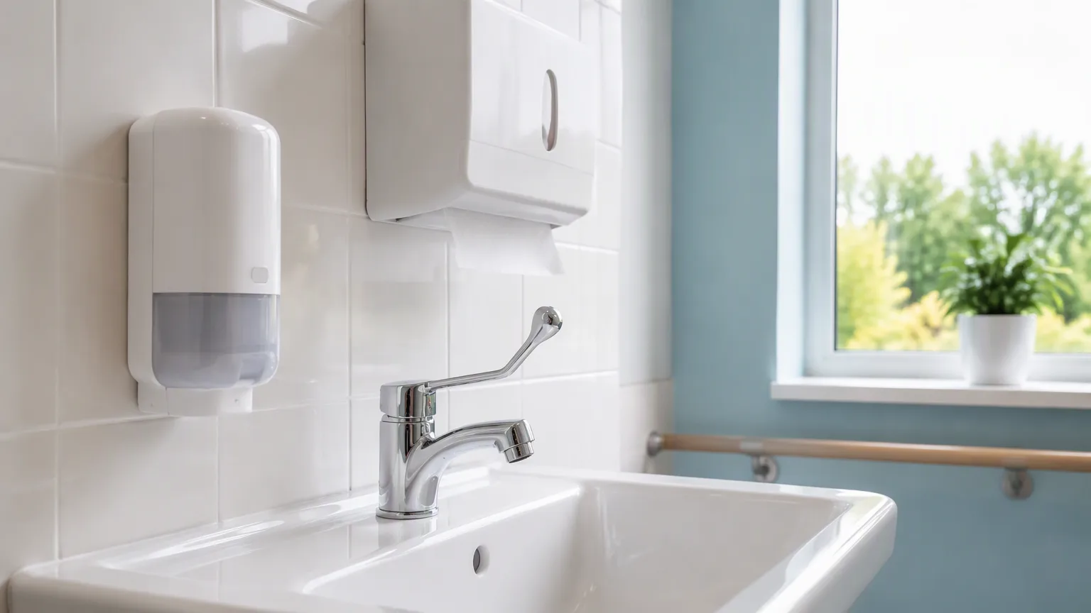 A care home hand-wash station with soap and paper towel dispensers and a lever tap