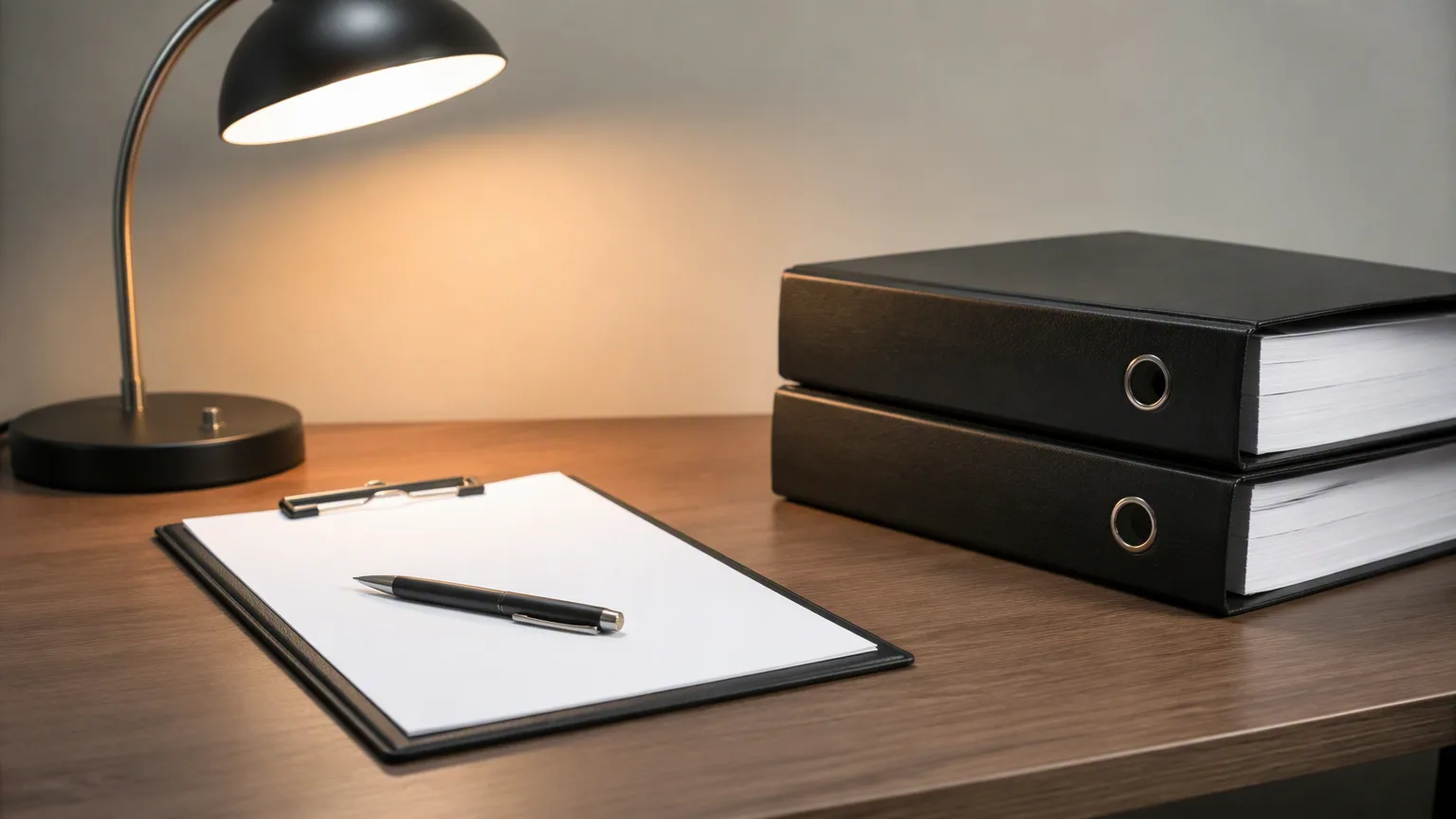 Clipboard, pen, two plain ring binders and a desk lamp on an office desk