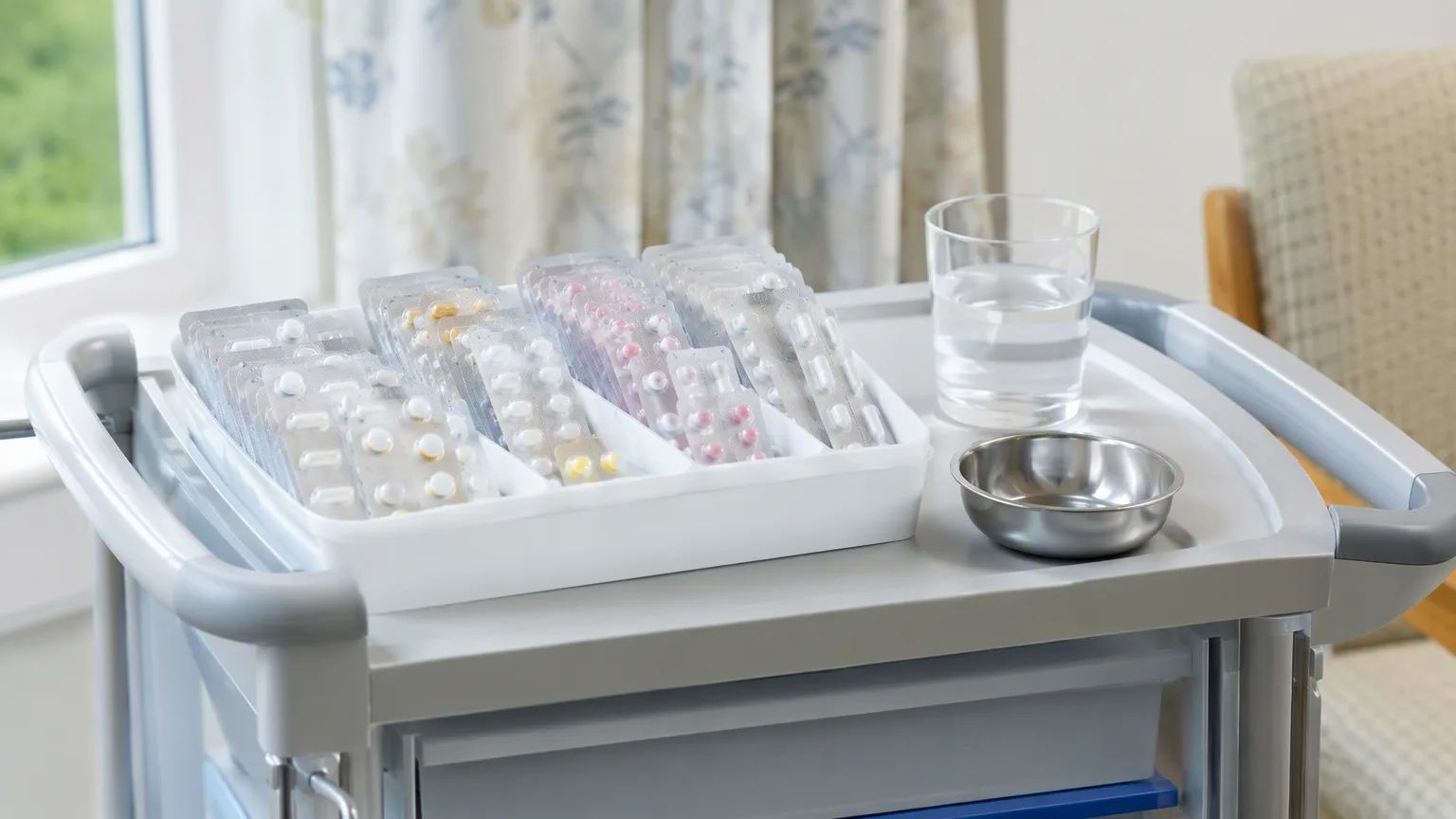 A medication trolley with sealed blister packs, a steel dish and a glass of water