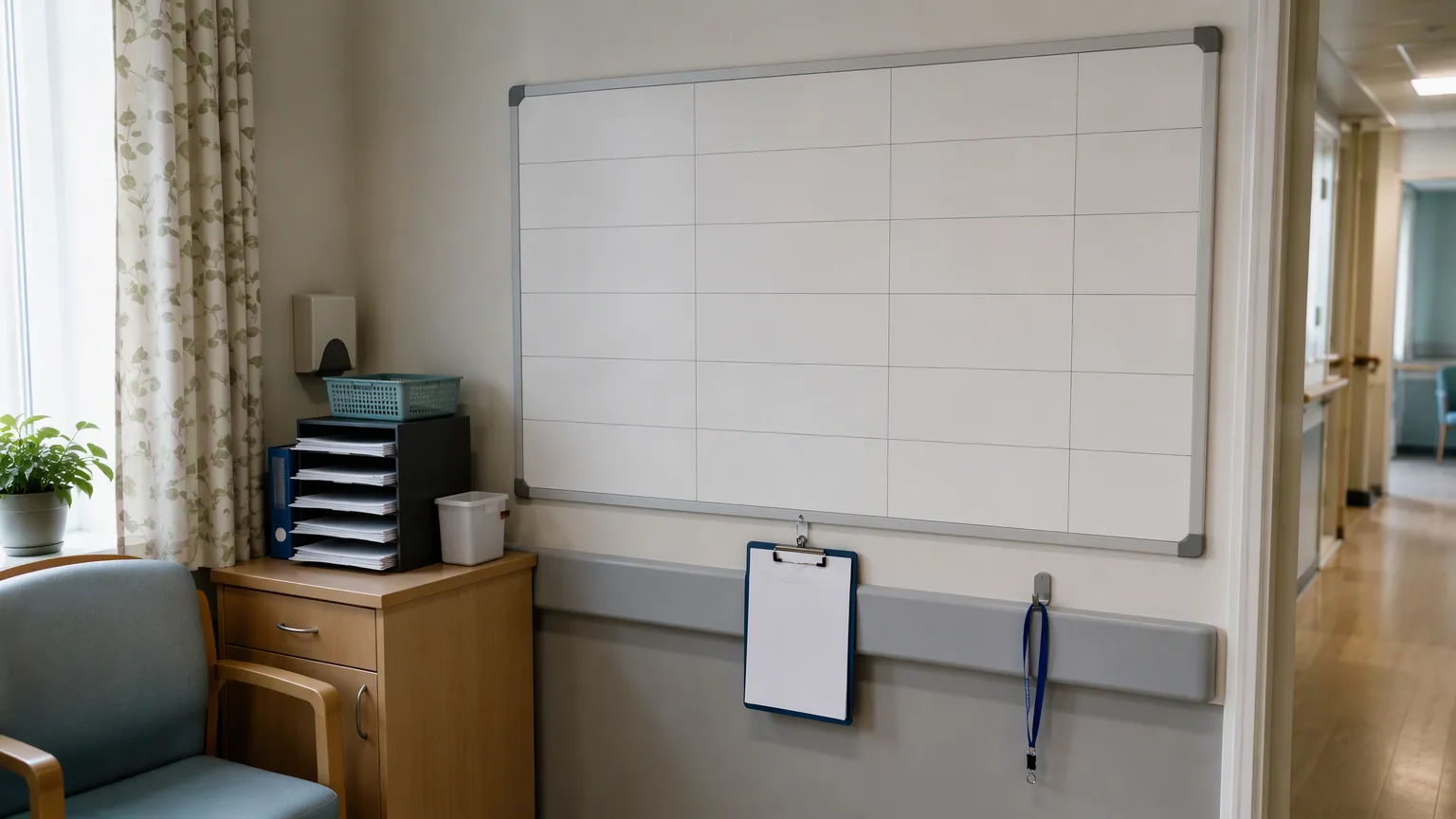A care home handover corner with a blank whiteboard, faint grid lines, a clipboard holding a blank sheet and daylight.
