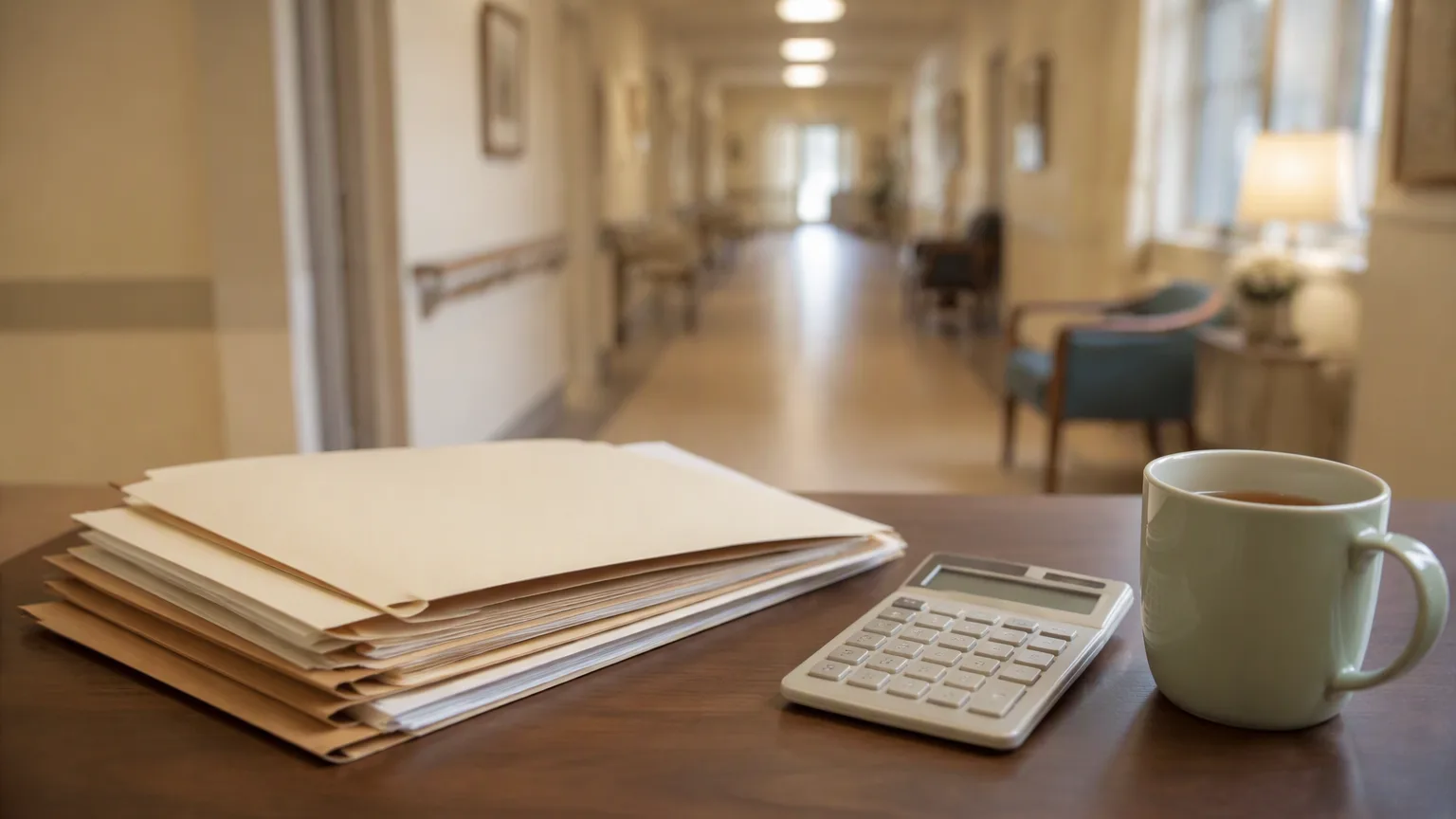 Plain folders and a calculator on a desk, a care home corridor blurred behind