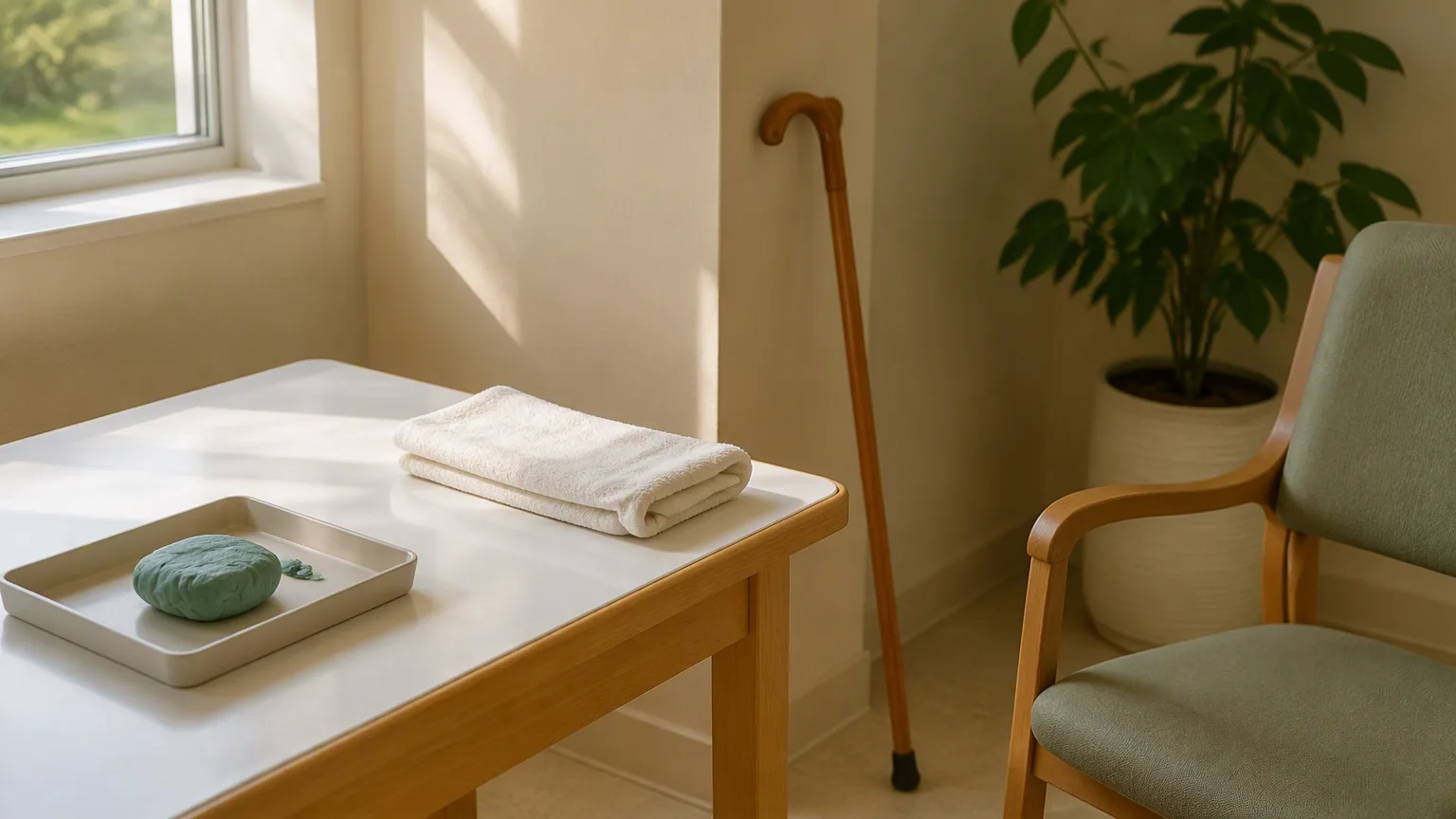 Day-care centre corner with a light table, therapy putty, folded towel, walking stick and a plant