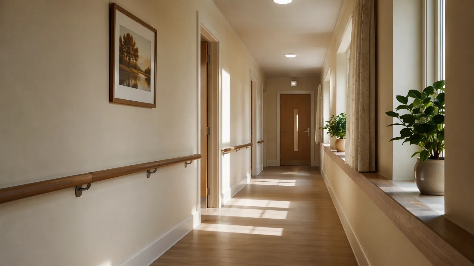 Corridor with a continuous wooden handrail, closed doors and a sensor above a doorway