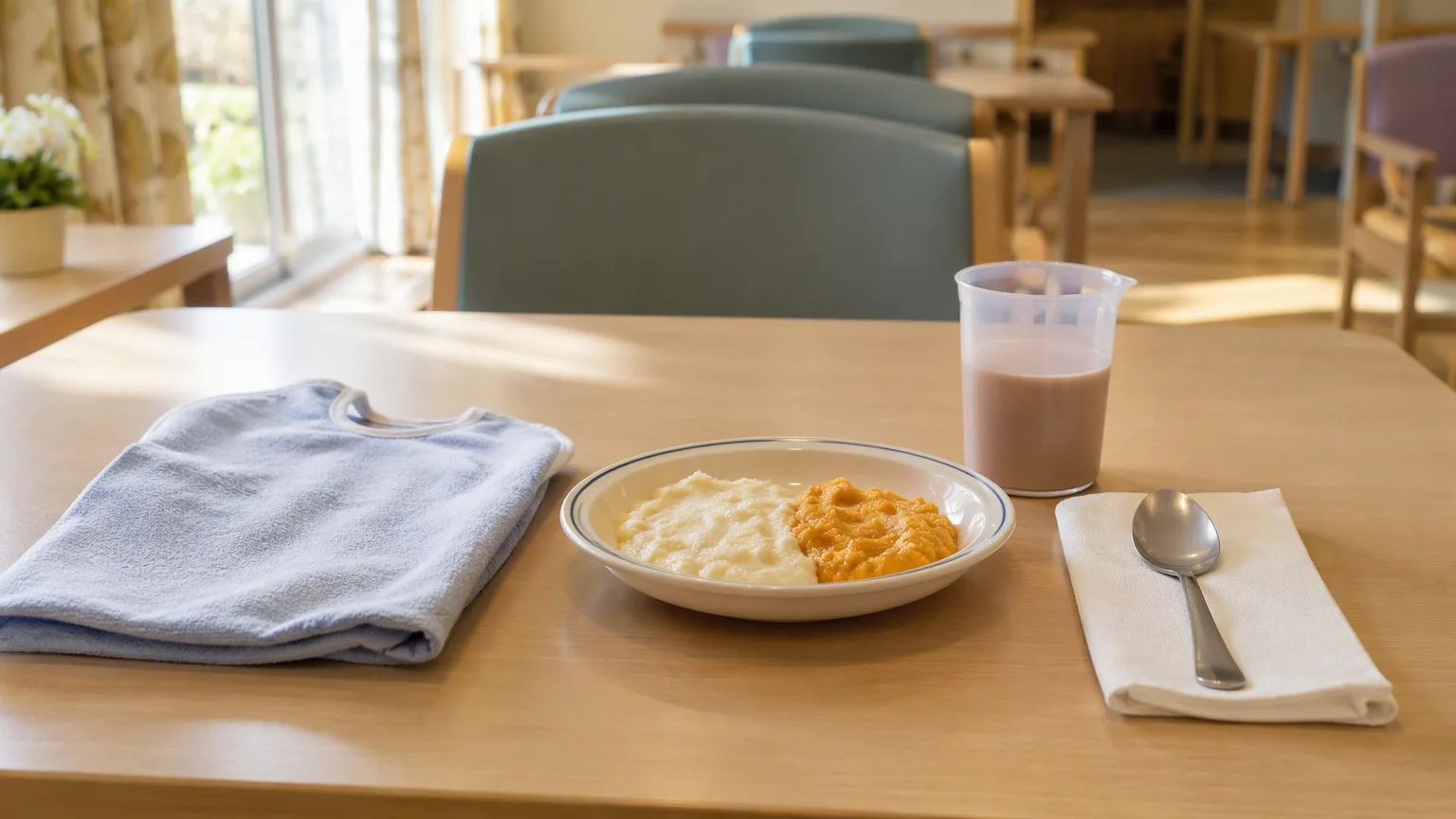 A plate of soft food, a beaker and a folded bib beside a small spoon