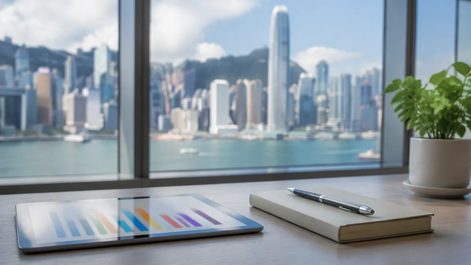 A desk by a large window with a blurred Hong Kong harbour skyline, a tablet showing an out of focus chart, a notebook and a pen.