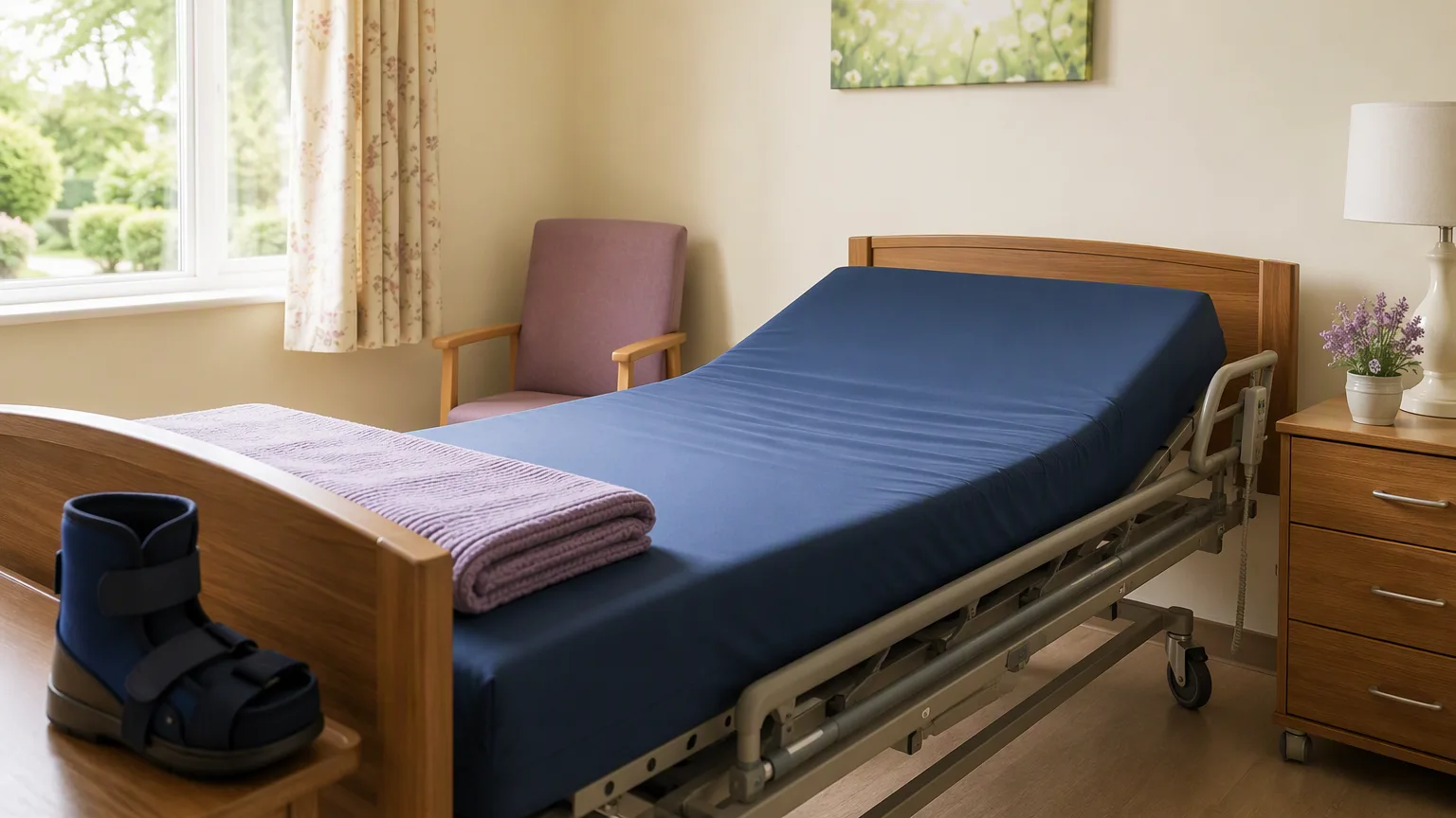 A hospital style bed with a pressure redistributing mattress and a heel offloading boot