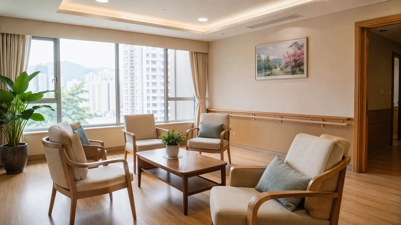 Empty lounge with armchairs around a low table, a wall handrail and window daylight