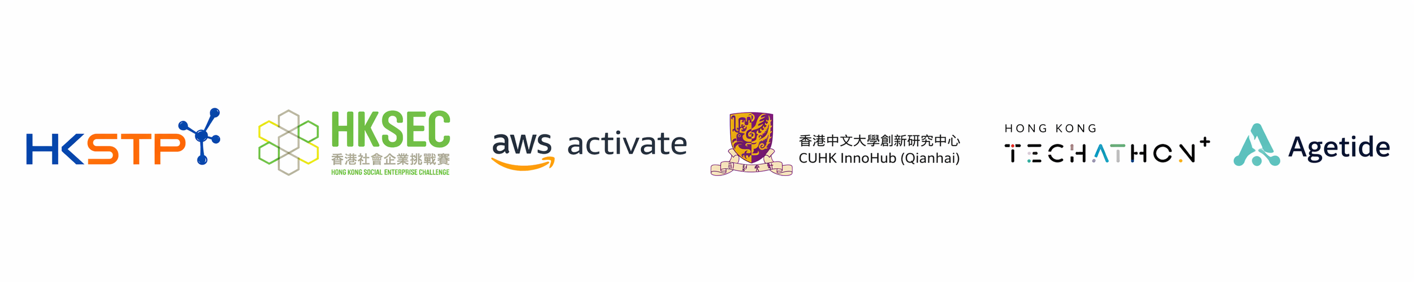 Partner logo strip (HKSTP, HKSEC, AWS, Techathon+, CUHK, Agetide)